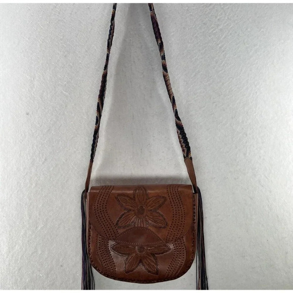 Unbranded Handbags - Womens Handbag Boho Leather Floral Tooled Embossed Purse Mini Sling Tan Brown